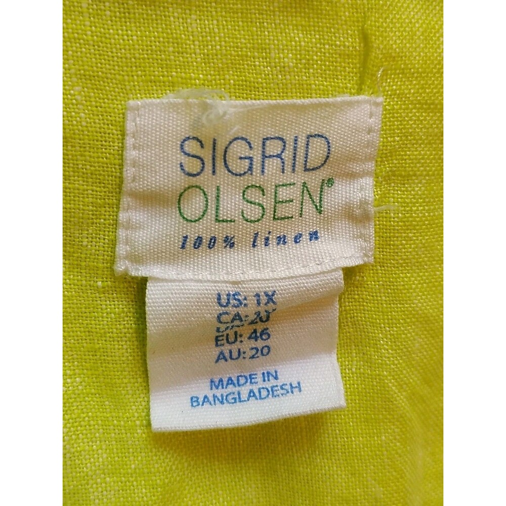 Sigrid Olsen Linen Button Front Shirt Size 1X Roll Sleeve Chartreuse... - Picture 4 of 10